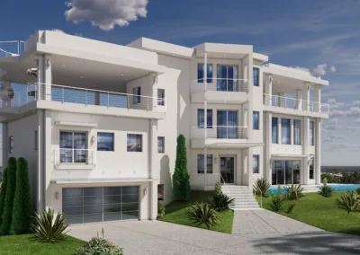 A 3d rendering of a modern house.