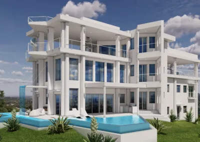 A 3d rendering of a modern house with a swimming pool.