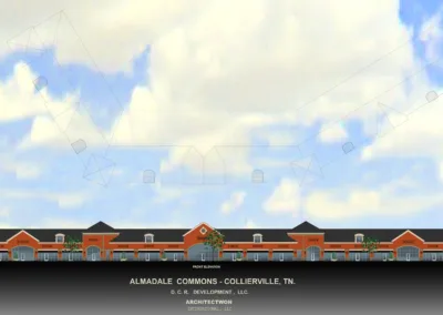 A rendering of a school building with clouds in the sky.