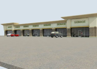 A 3d rendering of a garage with cars parked in front of it.