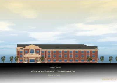 A rendering of a building with a large building in the background.