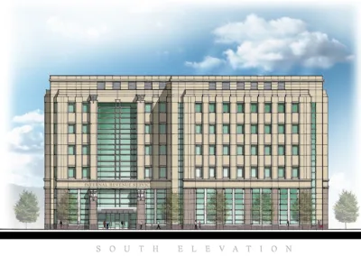 A rendering of a building with the words south elevation.