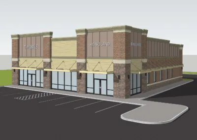 A rendering of a building with a parking lot.