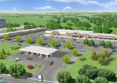 An artist's rendering of a shopping center.