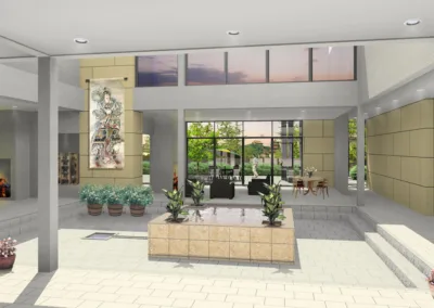 A 3d rendering of the lobby of a modern building.