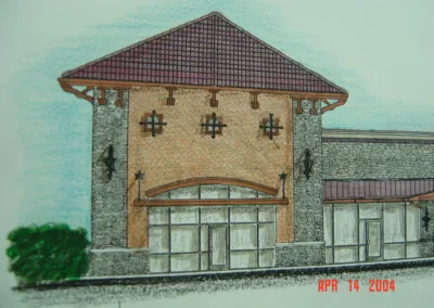 A drawing of a building with a red roof.