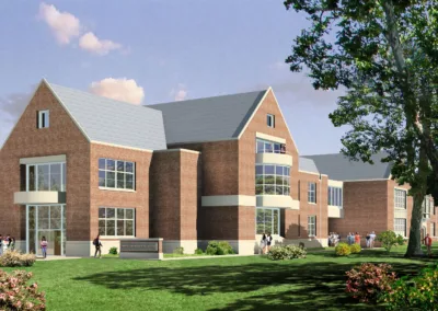 An artist's rendering of a brick building.