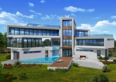 A 3d rendering of a modern house.