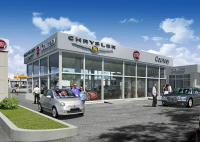 A rendering of a chrysler dealership.