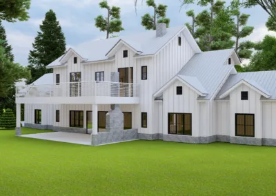 A large, modern house with white siding, multiple gables, a wrap-around balcony, and surrounded by lush greenery.