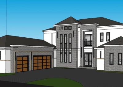 3d rendering of a modern two-story house with attached garage and multiple gabled roofs, depicted in a clear, daylight setting.